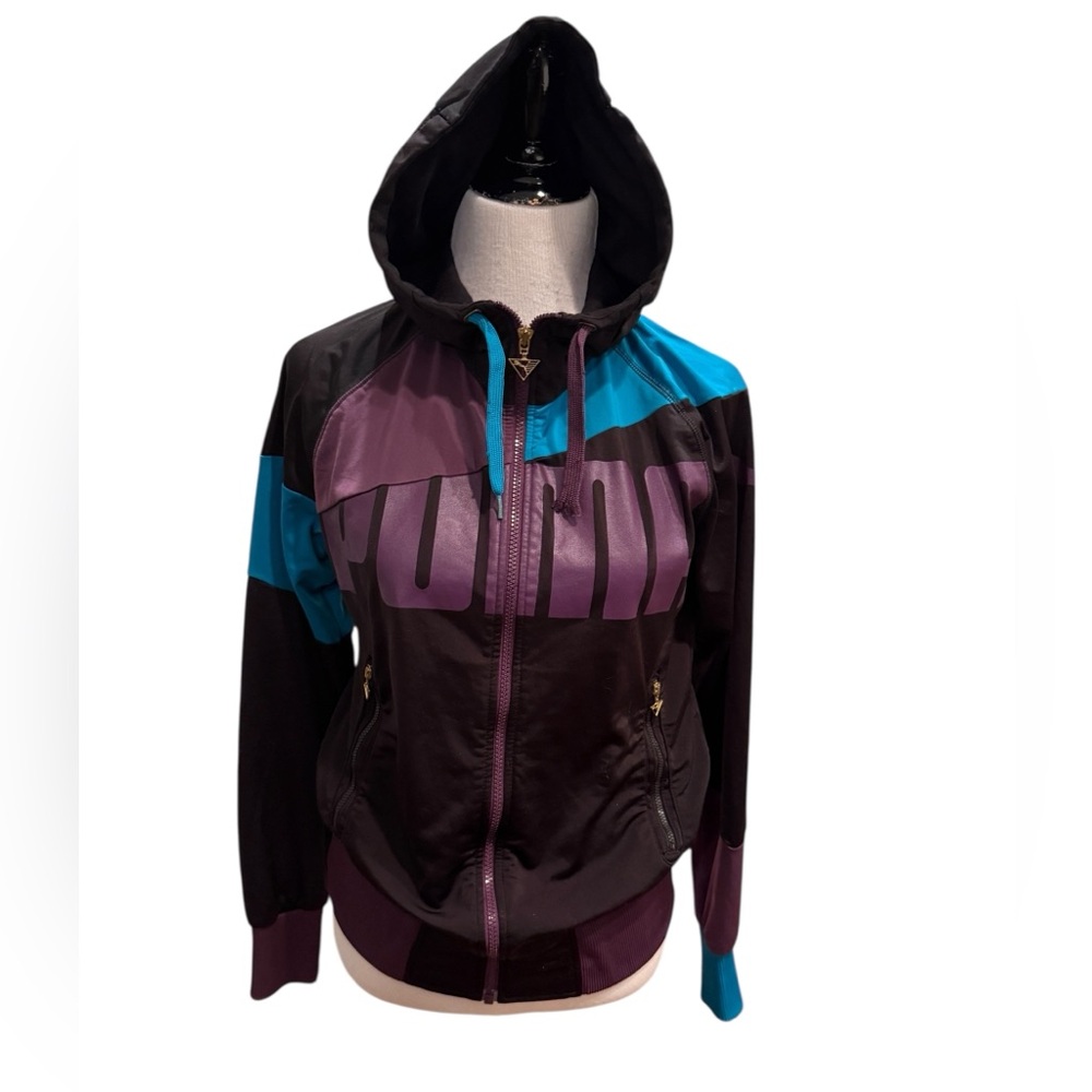 PUMA Women's Black/Blue/Purple Jersey Track Jacket Size Large Retro Vintage